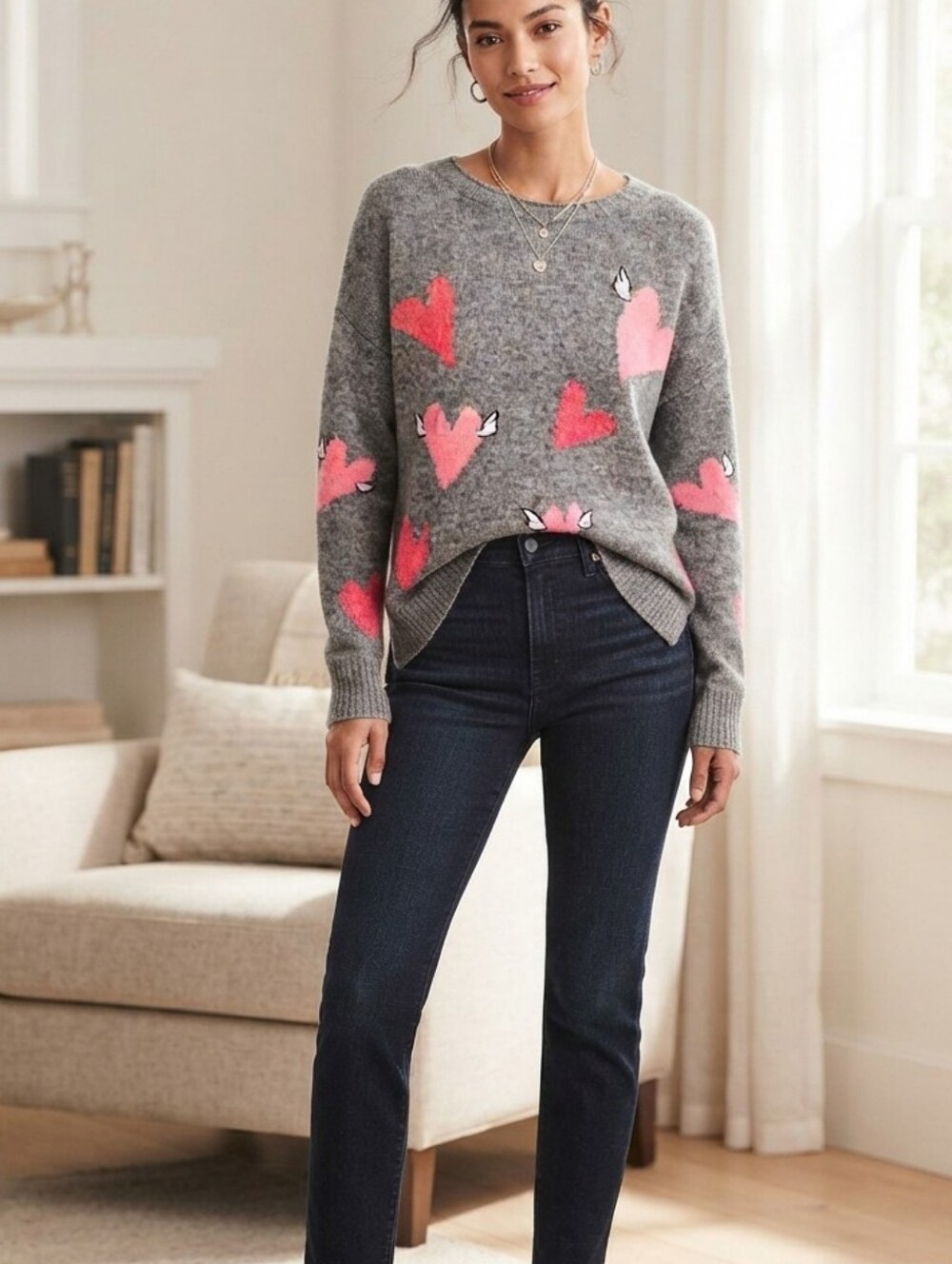 Lou & Grey Winged Heart Cotton Blend Gray Sweater Size Large Coquette Vibe
